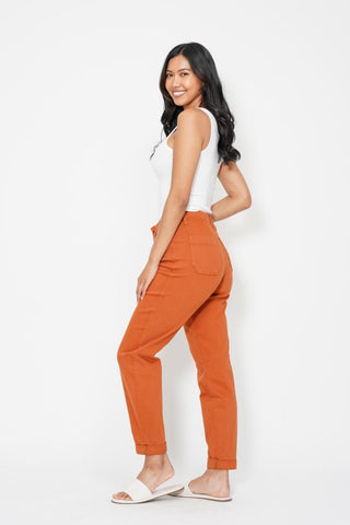 Judy Blue High Waist Garment Dyed Auburn Orange Double Cuff Jogger Denim Jeans 88911