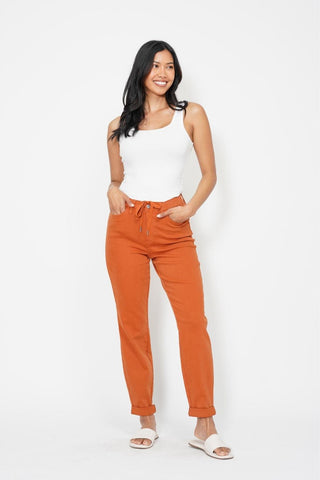 Judy Blue High Waist Garment Dyed Auburn Orange Double Cuff Jogger Denim Jeans 88911