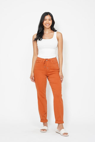 Judy Blue High Waist Garment Dyed Auburn Orange Double Cuff Jogger Denim Jeans 88911