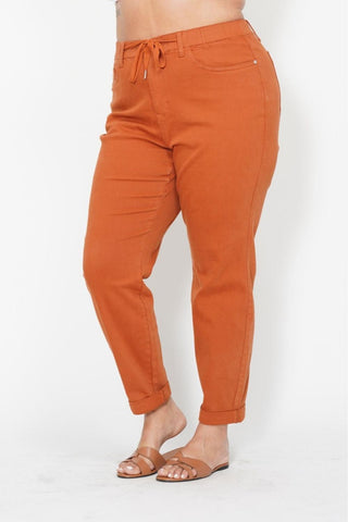Judy Blue High Waist Garment Dyed Auburn Orange Double Cuff Jogger Denim Jeans 88911