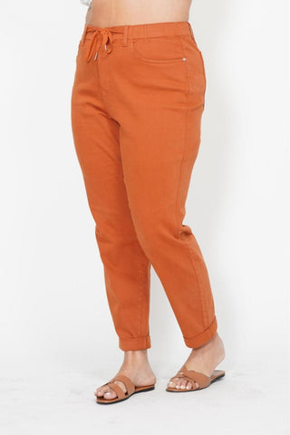 Judy Blue High Waist Garment Dyed Auburn Orange Double Cuff Jogger Denim Jeans 88911
