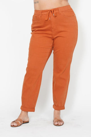 Judy Blue High Waist Garment Dyed Auburn Orange Double Cuff Jogger Denim Jeans 88911