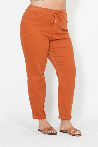 Judy Blue High Waist Garment Dyed Auburn Orange Double Cuff Jogger Denim Jeans 88911