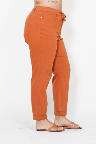 Judy Blue High Waist Garment Dyed Auburn Orange Double Cuff Jogger Denim Jeans 88911