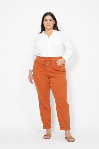 Judy Blue High Waist Garment Dyed Auburn Orange Double Cuff Jogger Denim Jeans 88911