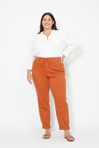 Judy Blue High Waist Garment Dyed Auburn Orange Double Cuff Jogger Denim Jeans 88911