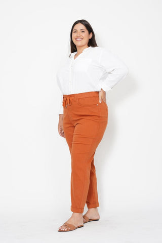 Judy Blue High Waist Garment Dyed Auburn Orange Double Cuff Jogger Denim Jeans 88911