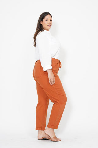 Judy Blue High Waist Garment Dyed Auburn Orange Double Cuff Jogger Denim Jeans 88911