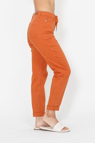 Judy Blue High Waist Garment Dyed Auburn Orange Double Cuff Jogger Denim Jeans 88911