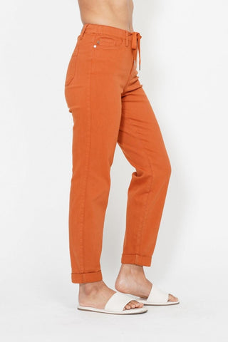 Judy Blue High Waist Garment Dyed Auburn Orange Double Cuff Jogger Denim Jeans 88911