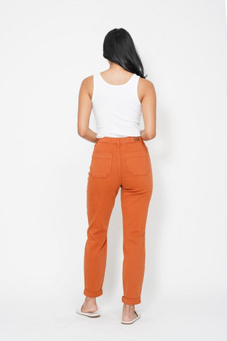 Judy Blue High Waist Garment Dyed Auburn Orange Double Cuff Jogger Denim Jeans 88911