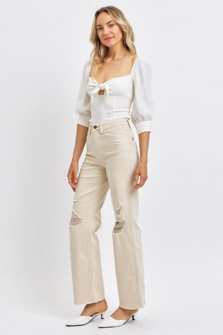 Judy Blue High Waist Garment Dyed Bone 90's Straight Denim Jeans 88823