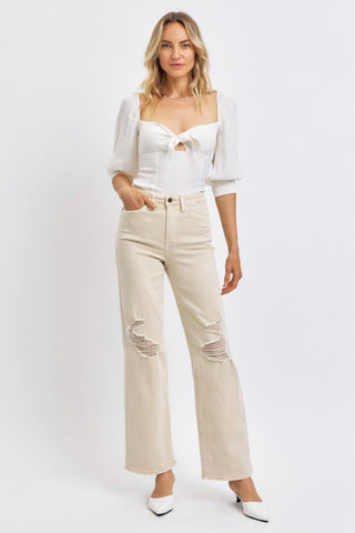 Judy Blue High Waist Garment Dyed Bone 90's Straight Denim Jeans 88823