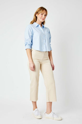 Judy Blue High Waist Garment Dyed Bone Wide Leg Crop Denim Jeans 88802