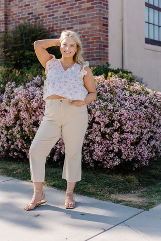 Judy Blue High Waist Garment Dyed Bone Wide Leg Crop Denim Jeans 88802
