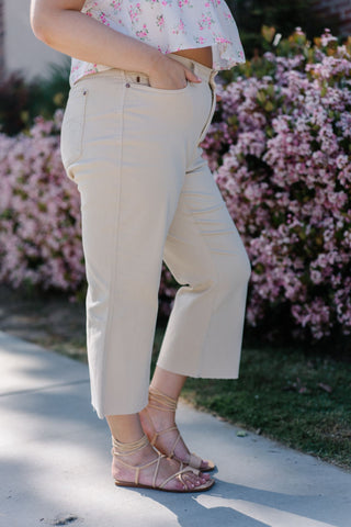 Judy Blue High Waist Garment Dyed Bone Wide Leg Crop Denim Jeans 88802