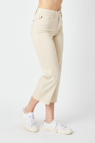 Judy Blue High Waist Garment Dyed Bone Wide Leg Crop Denim Jeans 88802