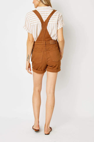Judy Blue High Waist Garment Dyed Brown Cuffed Overall Denim Short 150241