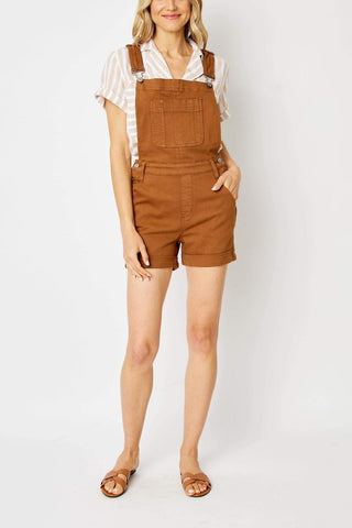 Judy Blue High Waist Garment Dyed Brown Cuffed Overall Denim Short 150241