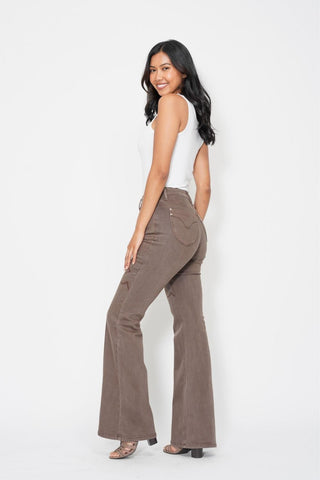 Judy Blue High Waist Garment Dyed Brown Knee Seam Detail & Shield Pockets Flare Denim Jeans 88846