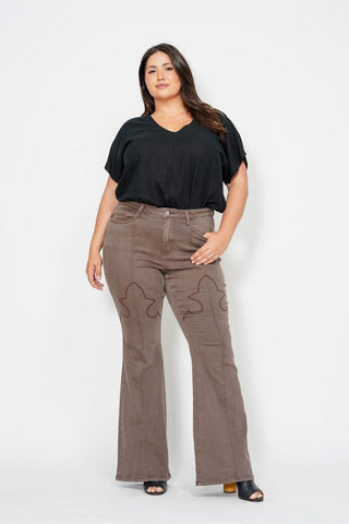 Judy Blue High Waist Garment Dyed Brown Knee Seam Detail & Shield Pockets Flare Denim Jeans 88846