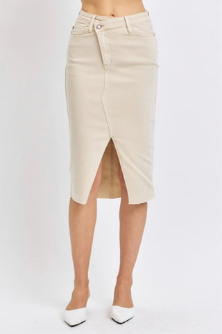 Judy Blue High Waist Garment Dyed Criss Cross Front Slit Long Length Denim Skirt 2825