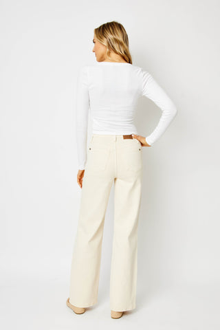 Judy Blue High Waist Garment Dyed Crochet Patch Wide Leg Denim Jeans 88836