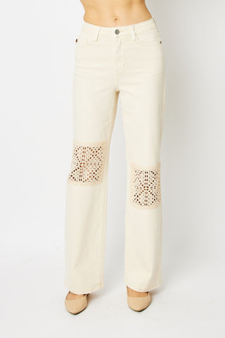 Judy Blue High Waist Garment Dyed Crochet Patch Wide Leg Denim Jeans 88836
