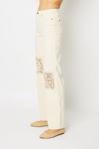 Judy Blue High Waist Garment Dyed Crochet Patch Wide Leg Denim Jeans 88836