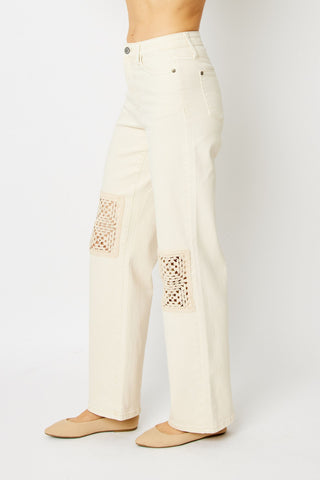 Judy Blue High Waist Garment Dyed Crochet Patch Wide Leg Denim Jeans 88836