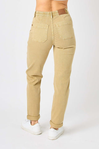 Judy Blue High Waist Garment Dyed Khaki Cuffed Jogger Denim Jeans 88815