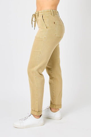 Judy Blue High Waist Garment Dyed Khaki Cuffed Jogger Denim Jeans 88815