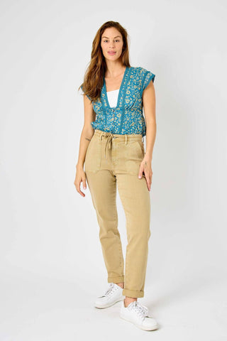 Judy Blue High Waist Garment Dyed Khaki Cuffed Jogger Denim Jeans 88815
