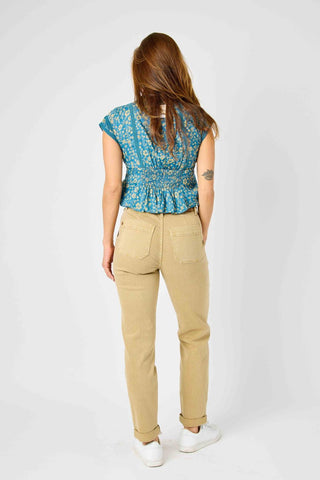 Judy Blue High Waist Garment Dyed Khaki Cuffed Jogger Denim Jeans 88815