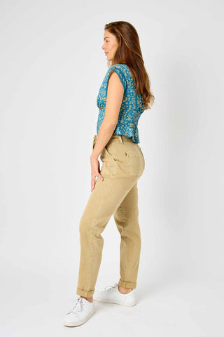 Judy Blue High Waist Garment Dyed Khaki Cuffed Jogger Denim Jeans 88815