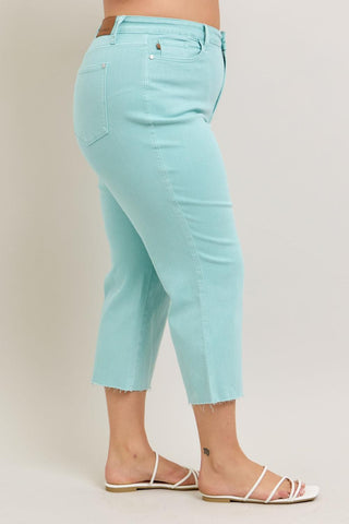Judy Blue High Waist Garment Dyed Light Sky Blue Crop Wide Leg Denim Jeans 88984