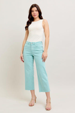 Judy Blue High Waist Garment Dyed Light Sky Blue Crop Wide Leg Denim Jeans 88984