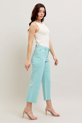Judy Blue High Waist Garment Dyed Light Sky Blue Crop Wide Leg Denim Jeans 88984