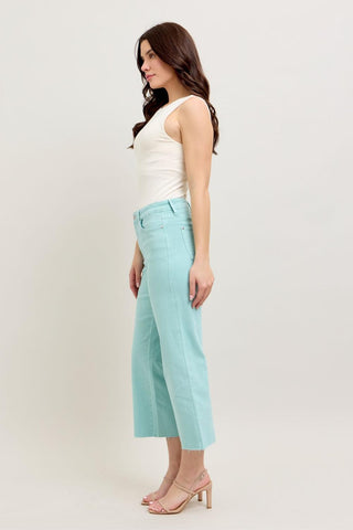 Judy Blue High Waist Garment Dyed Light Sky Blue Crop Wide Leg Denim Jeans 88984