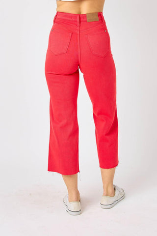 Judy Blue High Waist Garment Dyed Red Tummy Control Wide Leg Crop Denim Jeans 88838