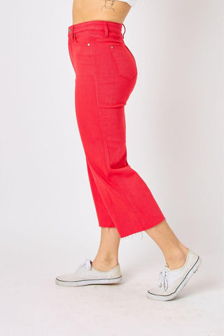 Judy Blue High Waist Garment Dyed Red Tummy Control Wide Leg Crop Denim Jeans 88838