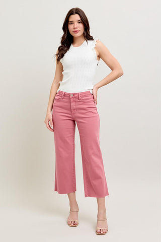 Judy Blue High Waist Garment Dyed Rose Crop Wide Leg Denim Jeans 88983
