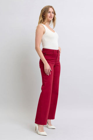 Judy Blue High Waist Garment Dyed Scarlet Heart Shaped Back Pockets 90's Straight Denim Jeans 88917
