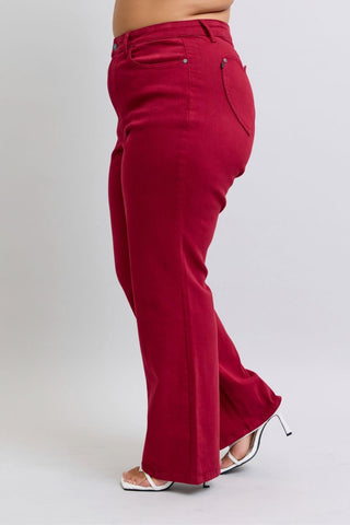 Judy Blue High Waist Garment Dyed Scarlet Heart Shaped Back Pockets 90's Straight Denim Jeans 88917