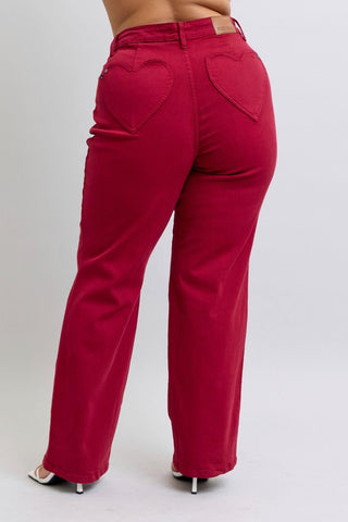 Judy Blue High Waist Garment Dyed Scarlet Heart Shaped Back Pockets 90's Straight Denim Jeans 88917