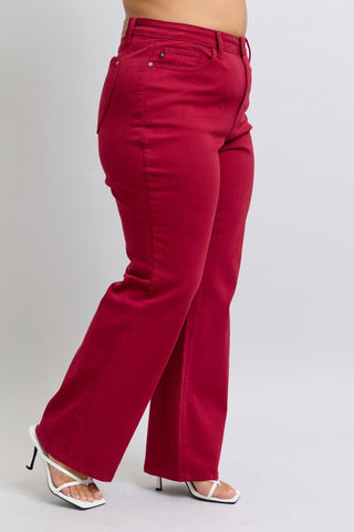 Judy Blue High Waist Garment Dyed Scarlet Heart Shaped Back Pockets 90's Straight Denim Jeans 88917