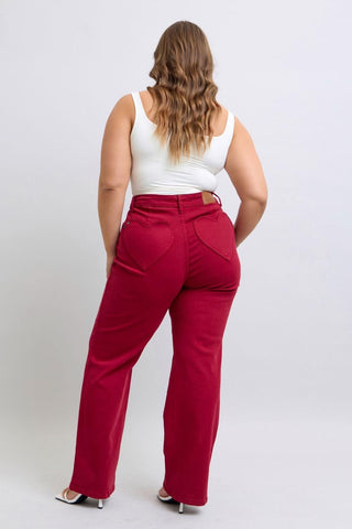 Judy Blue High Waist Garment Dyed Scarlet Heart Shaped Back Pockets 90's Straight Denim Jeans 88917