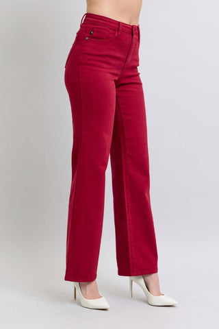 Judy Blue High Waist Garment Dyed Scarlet Heart Shaped Back Pockets 90's Straight Denim Jeans 88917