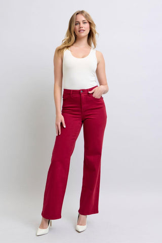 Judy Blue High Waist Garment Dyed Scarlet Heart Shaped Back Pockets 90's Straight Denim Jeans 88917