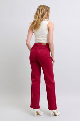 Judy Blue High Waist Garment Dyed Scarlet Heart Shaped Back Pockets 90's Straight Denim Jeans 88917